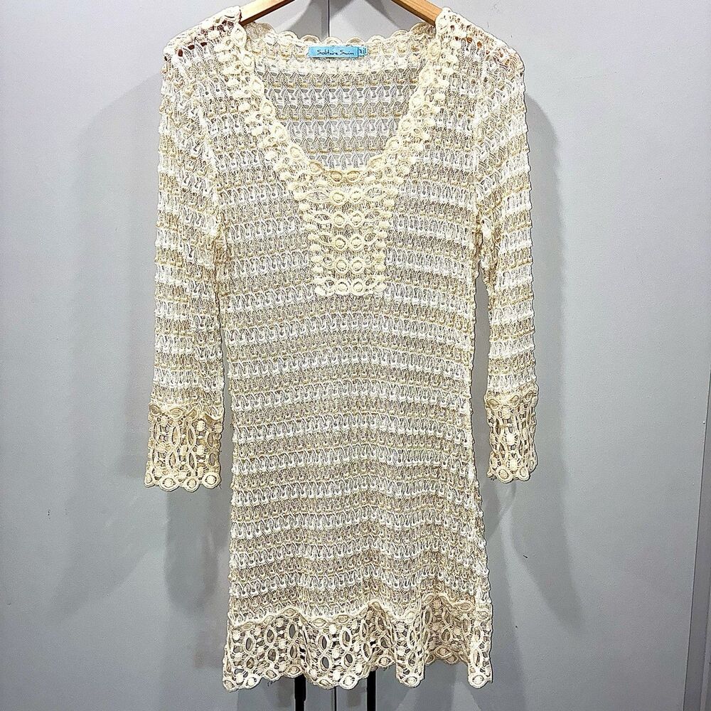 Y2K Cream Crochet Swim Coverup Gold Shimmer Lace Metallic Festival Mini Dress